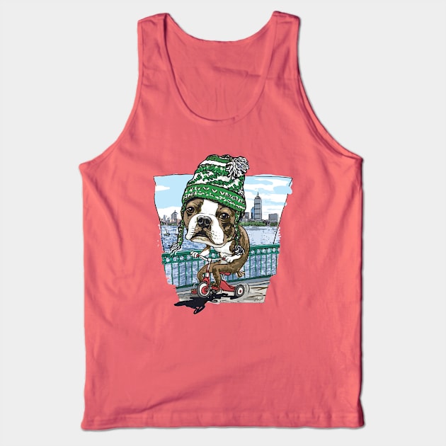 Boston Terrier Dog with Green, White and Black Winter Beanie Tank Top by Mudge